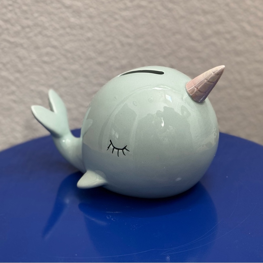 World Market ceramic narwhal whale coin bank, pastel blue, new in box